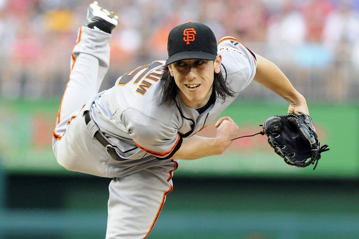 Jul 3, 2012; Washington, DC, USA; San Francisco Giants starting pitcher Tim Lincecum (55) throws in the second inning against the Washington Nationals at Nationals Park. Mandatory Credit: Brad Mills-US PRESSWIRE