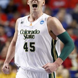 Colorado State's Colton Iverson (45) reacts after a basket during the first half of their second-round NCAA college basketball tournament game against Missouri, Thursday, March 21, 2013, in Lexington, Ky. The Jazz are interested in Iverson as a 2013 draft prospect.
