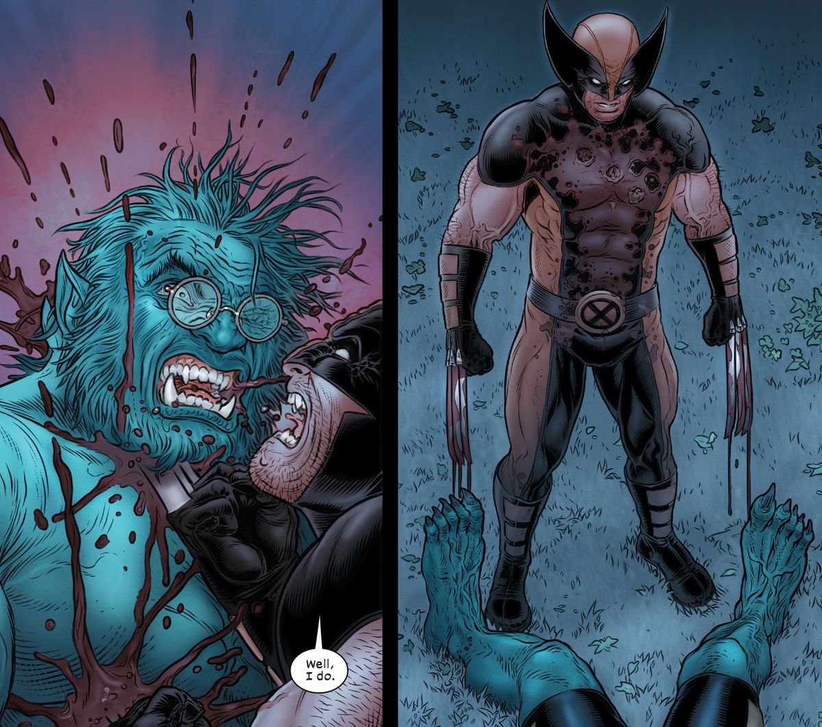 Wolverine stabs Beast in the throat and sternum, and, covered in blood, watches him bleed out in Wolverine #30 (2023). 
