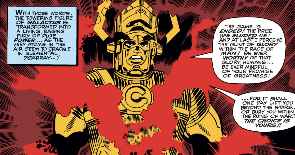 “The towering figure of Galactus is transformed into a living, raging fury of pure power” in Fantastic Four #48 (1966). 
