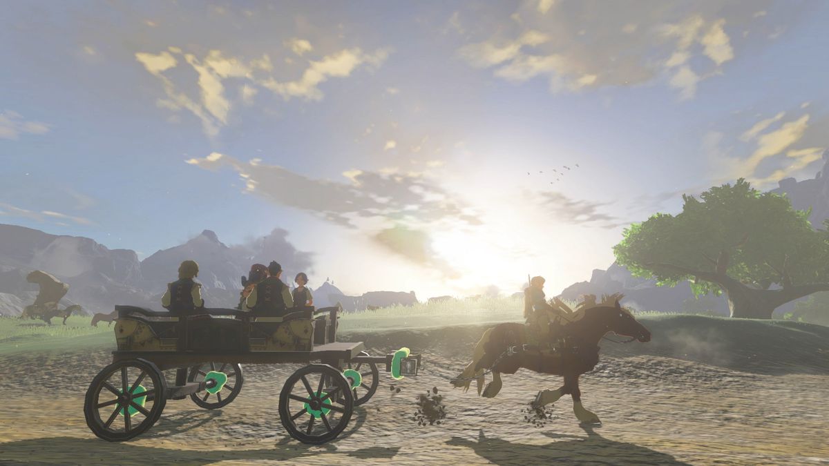 An image of Link pulling a horse-drawn carriage in The Legend of Zelda: Tears of the Kingdom 