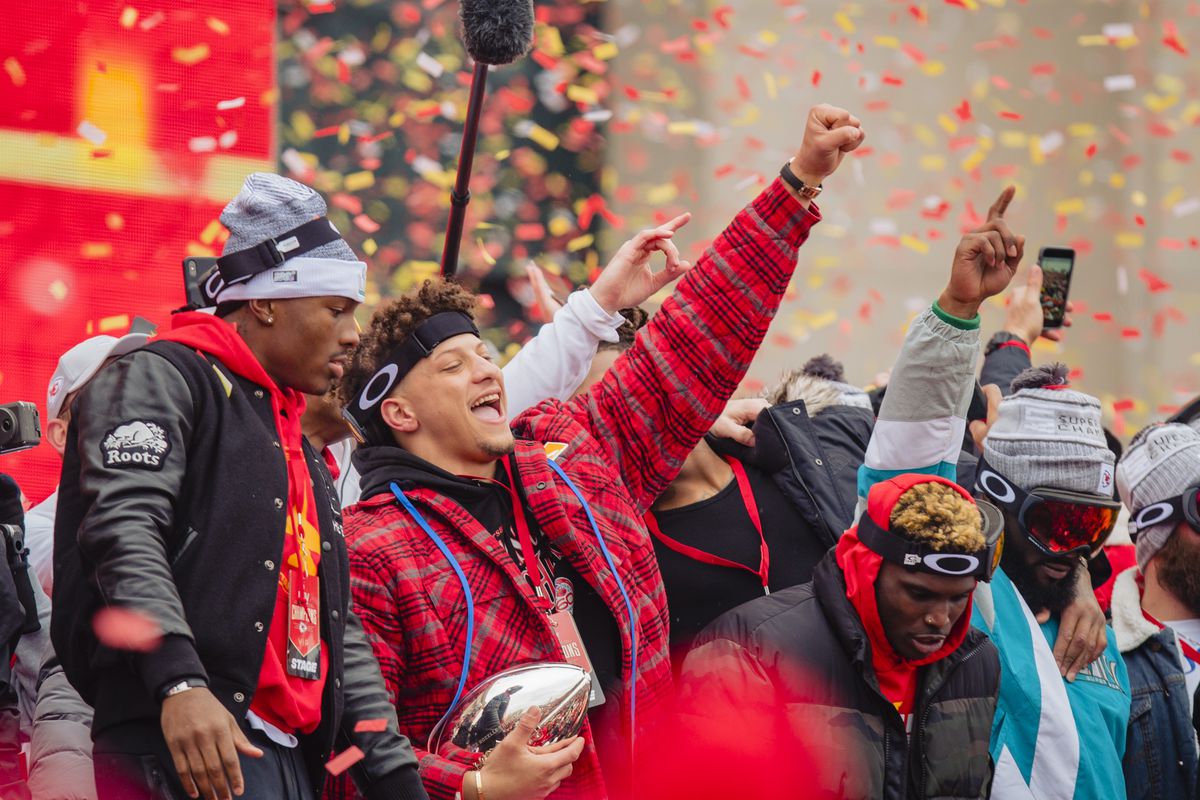 Patrick Mahomes #15 of the Kansas City Chiefs celebrates with the Super Bowl MVP trophy during the Kansas City Chiefs Victory Parade on February 5, 2020 in Kansas City, Missouri.