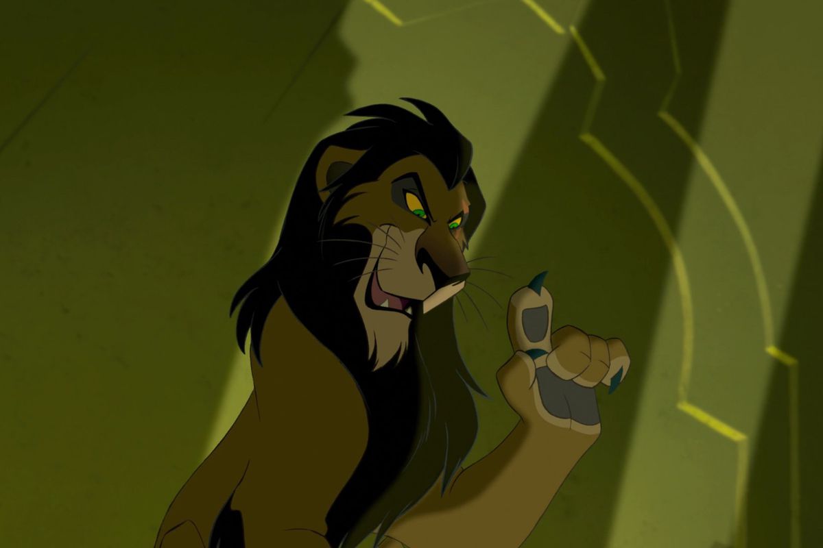 Scar, a lion with a black mane, holds up a finger on his paw, in front of a creepy green background.