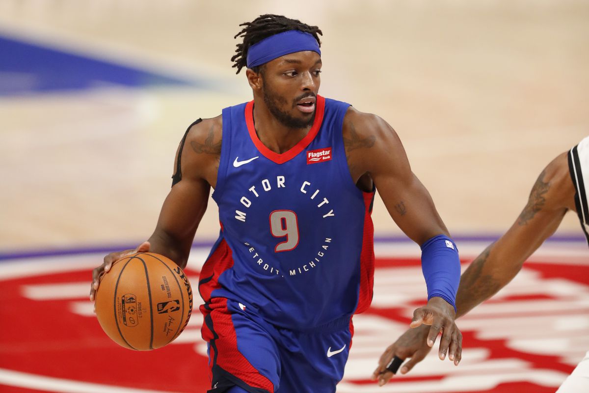Detroit Pistons forward Jerami Grant dribbles the ball during the third quarter against the Brooklyn Nets at Little Caesars Arena.