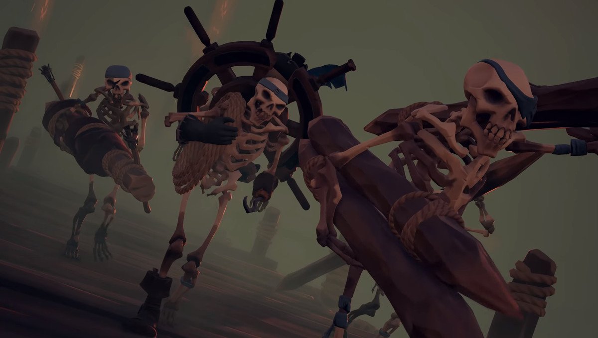A skeleton crew carries their supplies down a dock.