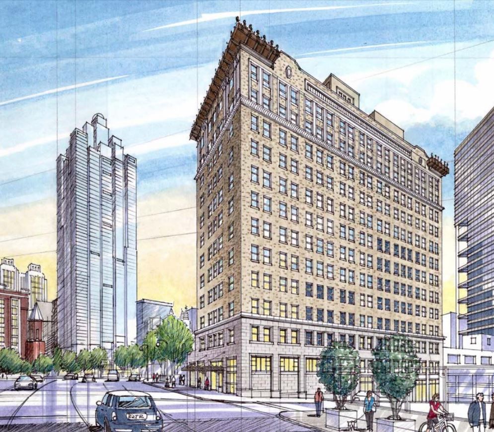 A rendering of the Medical Arts Building in Atlanta. The facade is brown brick. 