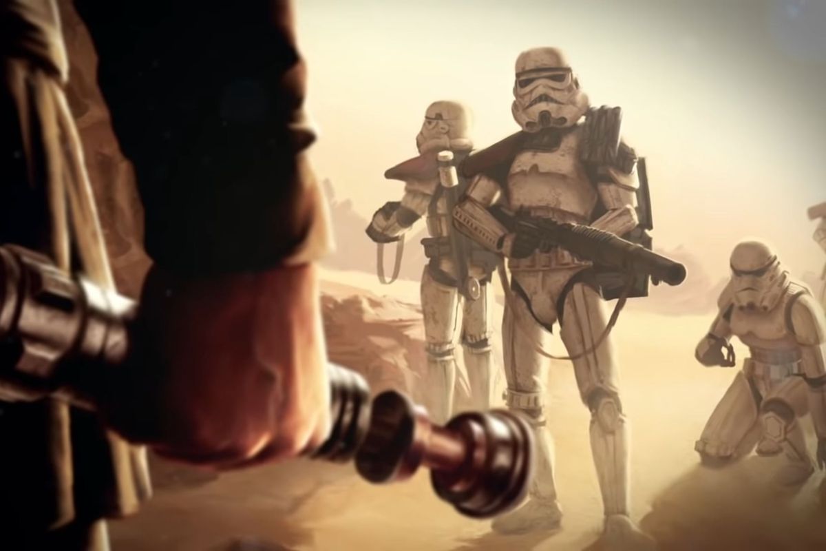 Luke Skywalker stares down a pair of hapless stormtroopers. His silhouette of his hand-made lightsaber takes up the foreground.