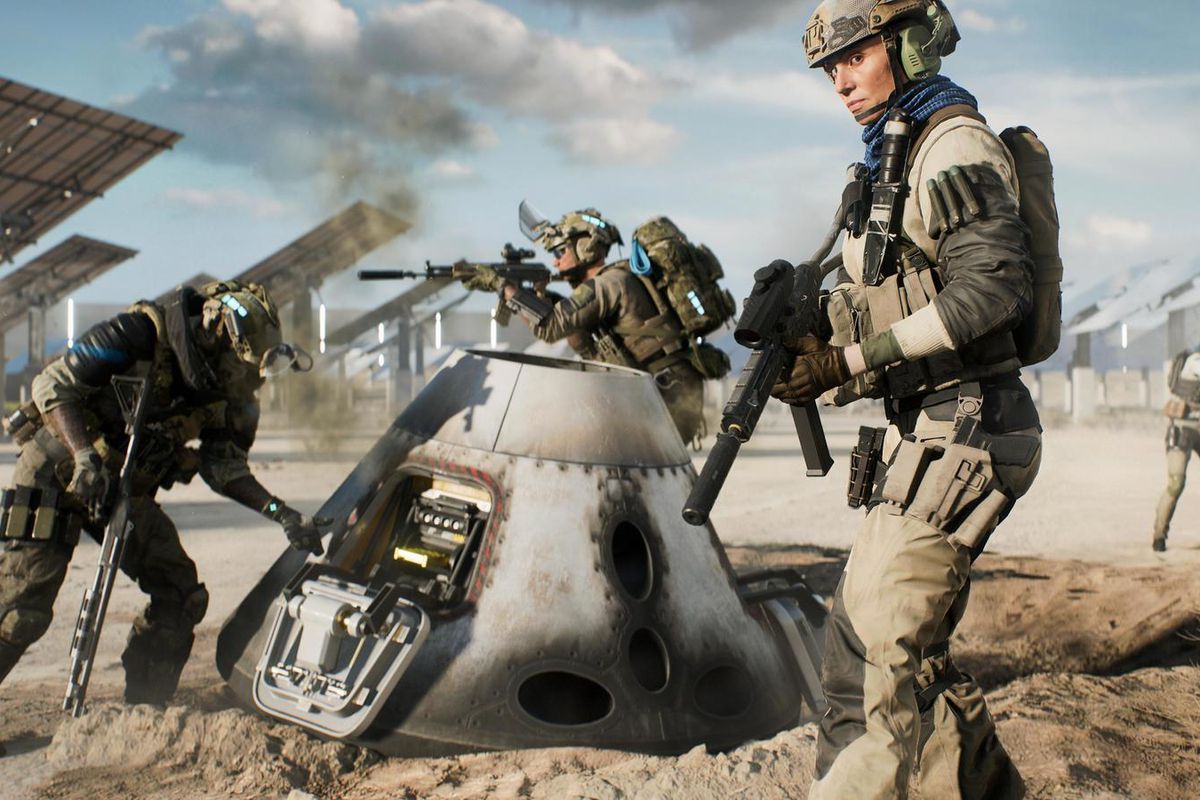 A squad secures supplies in Hazard mode in Battlefield 2042.