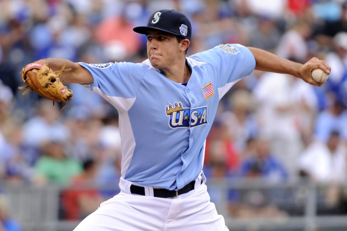 July 8, 2012; Kansas City, MO, USA; USA pitcher Danny Hultzen throws a pitch during the third inning of the 2012 All Star Futures Game at Kauffman Stadium.  Mandatory Credit: H. Darr Beiser-USA TODAY Sports via US PRESSWIRE