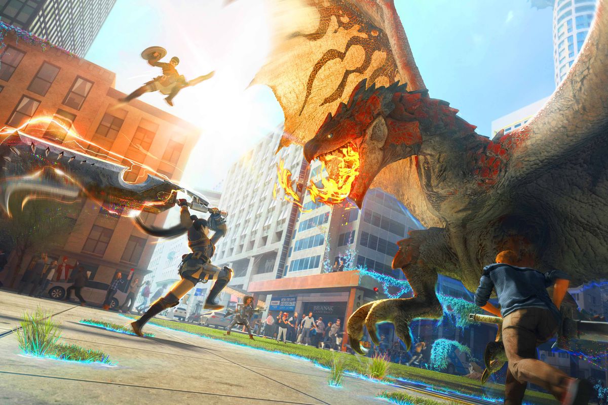 Fighters battling a Monster Hunter creature in the real world, with offices and shops in the background
