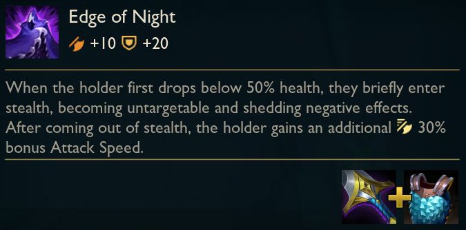 A description of Edge of Night, a new TFT item. When the holder first drops below 50% health, they briefly enter stealth, becoming untargetable and shedding negative effects. After coming out of stealth, the holder gains an additional 30% bonus Attack Speed.