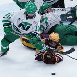 New Trier and Loyola players scramble for the puck. Worsom Robinson/For the Sun-Times