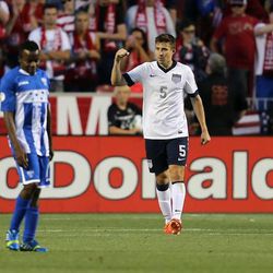 Matt Besler (5) of the U.S. pumps his fist as time runs out giving the United States a 1-0 win over Honduras Tuesday, June 18, 2013 at Rio Tinto Stadium.