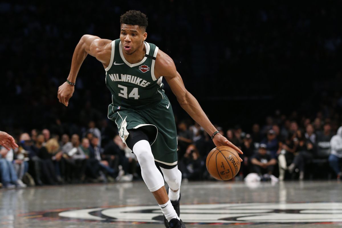 Milwaukee Bucks forward Giannis Antetokounmpo drives to the basket against the Brooklyn Nets during the second half at Barclays Center.