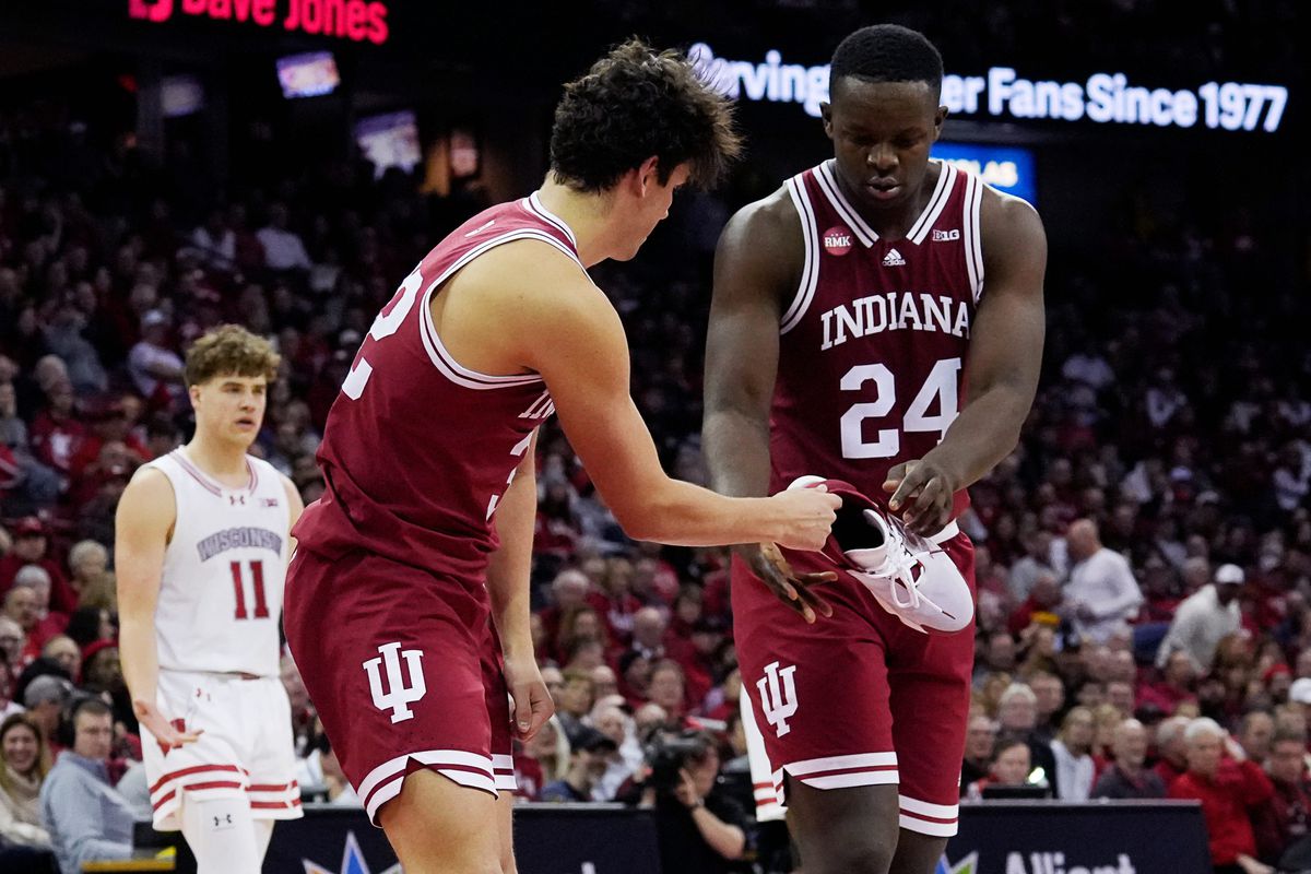 Indiana Hoosiers forward Payton Sparks loses his shoe during the second half of the game against the Wisconsin Badgers on Friday January 19, 2024 at the Kohl Center in Madison, Wis.