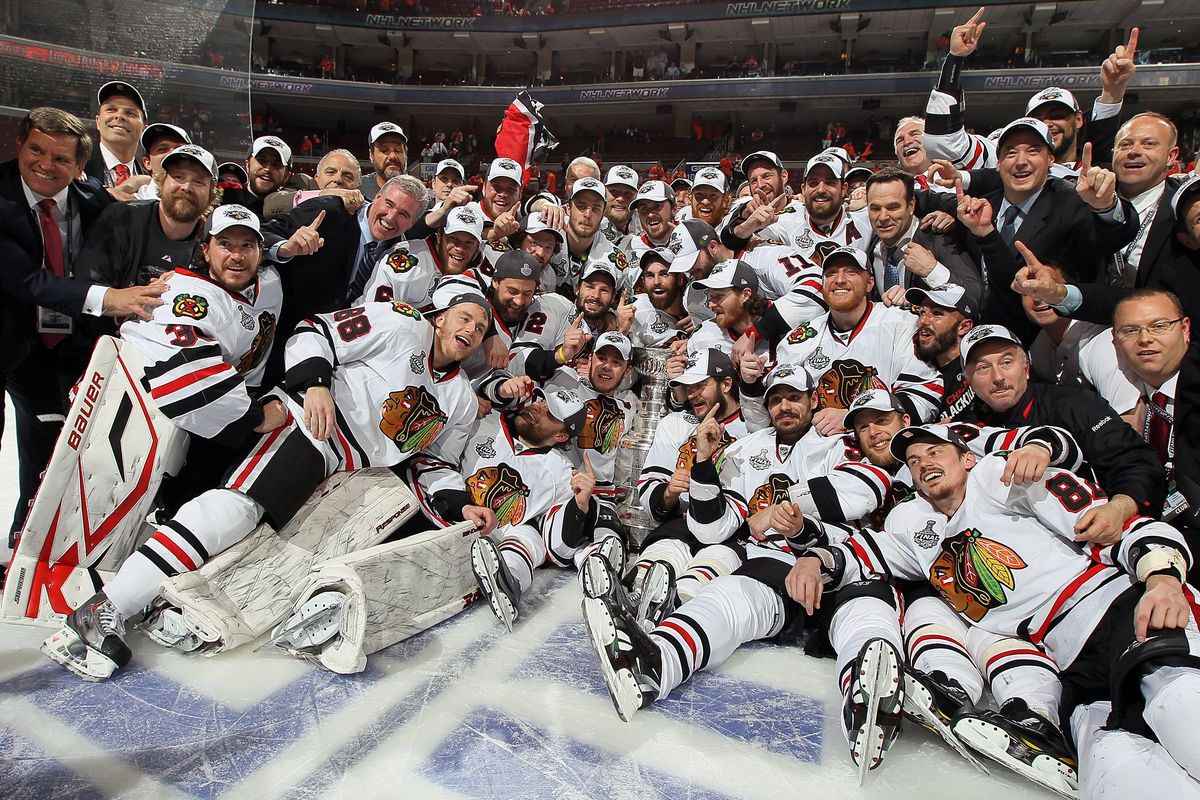 The Blackhawks pose for a team photo after defeating the Flyers and winning the 2010 Stanley Cup.