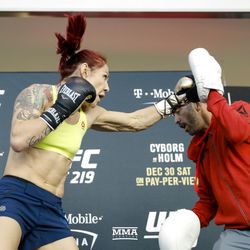 Cris Cyborg throws a right hand at UFC 219 open workouts Thursday at T-Mobile Arena in Las Vegas.