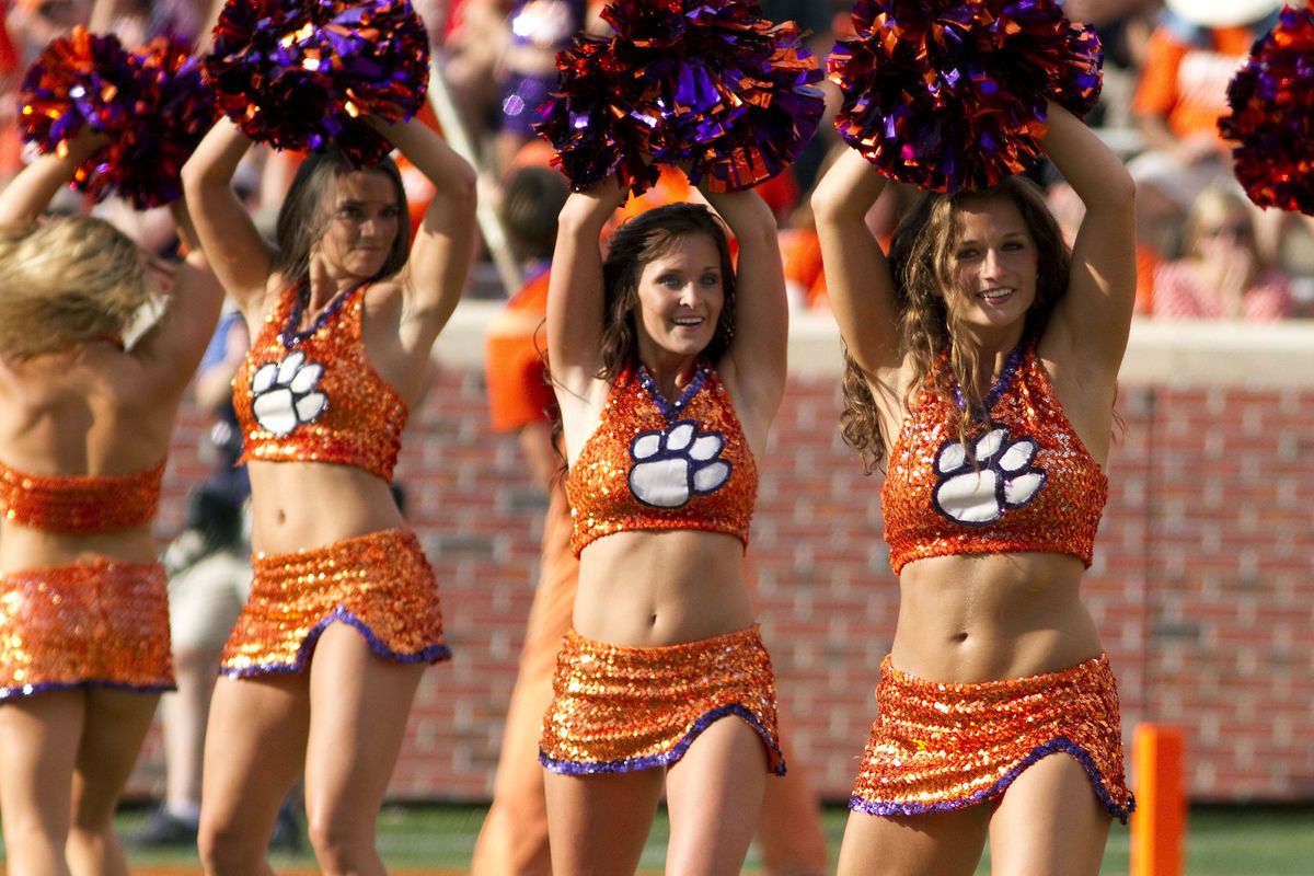 Sep 15, 2012; Clemson, SC, USA; Clemson Tigers cheerleaders during the third quarter of the game against the Furman Tigers at Memorial Stadium. Tigers won 41-7. Mandatory Credit: Joshua S. Kelly-US PRESSWIRE