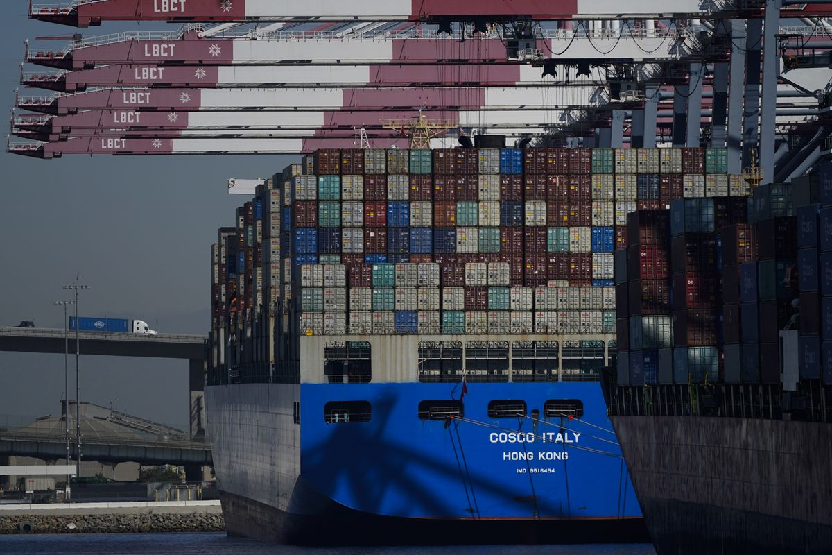 A container ship is docked at the Port of Long Beach in Long Beach in Calif.