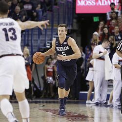 BYU's Kyle Collinsworth (5) dribbles the ball during the first half of an NCAA college basketball game against Gonzaga, Thursday, Jan. 14, 2016, in Spokane, Wash. (AP Photo/Young Kwak)