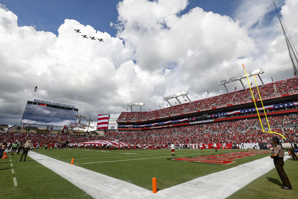 General view of the fly over during the National anthem prior to the game between the Tampa Bay Buccaneers and the Atlanta Falcons at Raymond James Stadium on September 19, 2021 in Tampa, Florida.