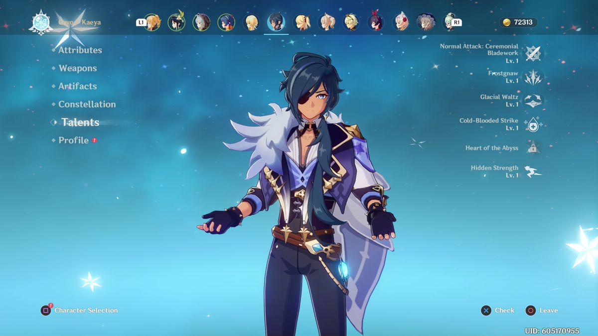 Kaeya, a dark blue-haired man with an eyepatch, decked out in a regal purple and blue outfit
