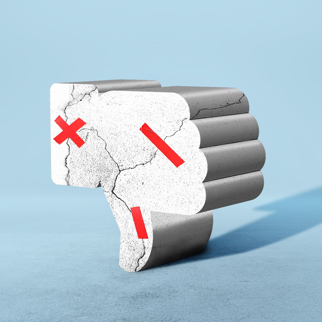 Illustration of a thumbs-down emoji with cracks and repair tape.
