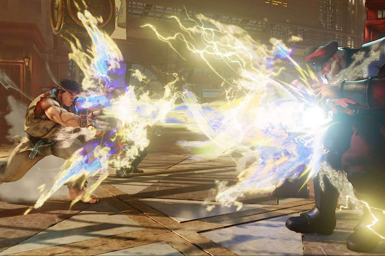 A screenshot showing Ryu and M. Bison in Street Fighter 5