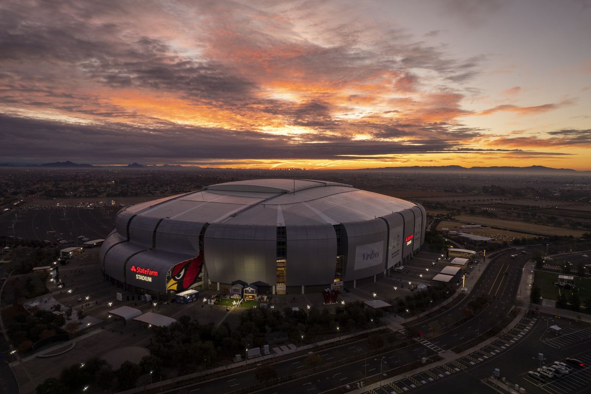 An aerial view of State Farm Stadium during sunrise ahead of the game between the TCU Horned Frogs and the Michigan Wolverines in the Vrbo Fiesta Bowl on December 31, 2022 in Glendale, Arizona.