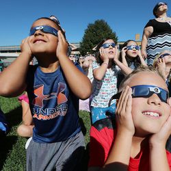 Students at Crestview Elementary in Salt Lake City watch the eclipse on Monday, Aug. 21, 2017.