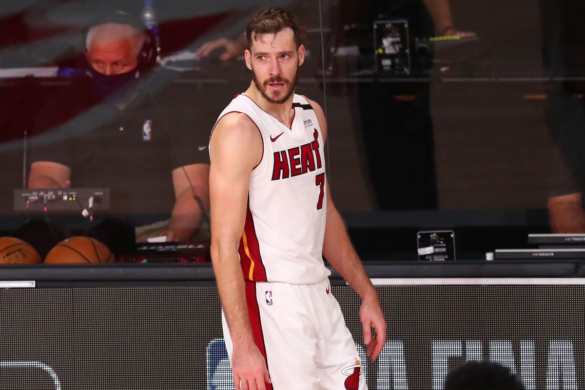 Miami Heat guard Goran Dragic reacts agains the Boston Celtics during the second half in game five of the Eastern Conference Finals of the 2020 NBA Playoffs at AdventHealth Arena.