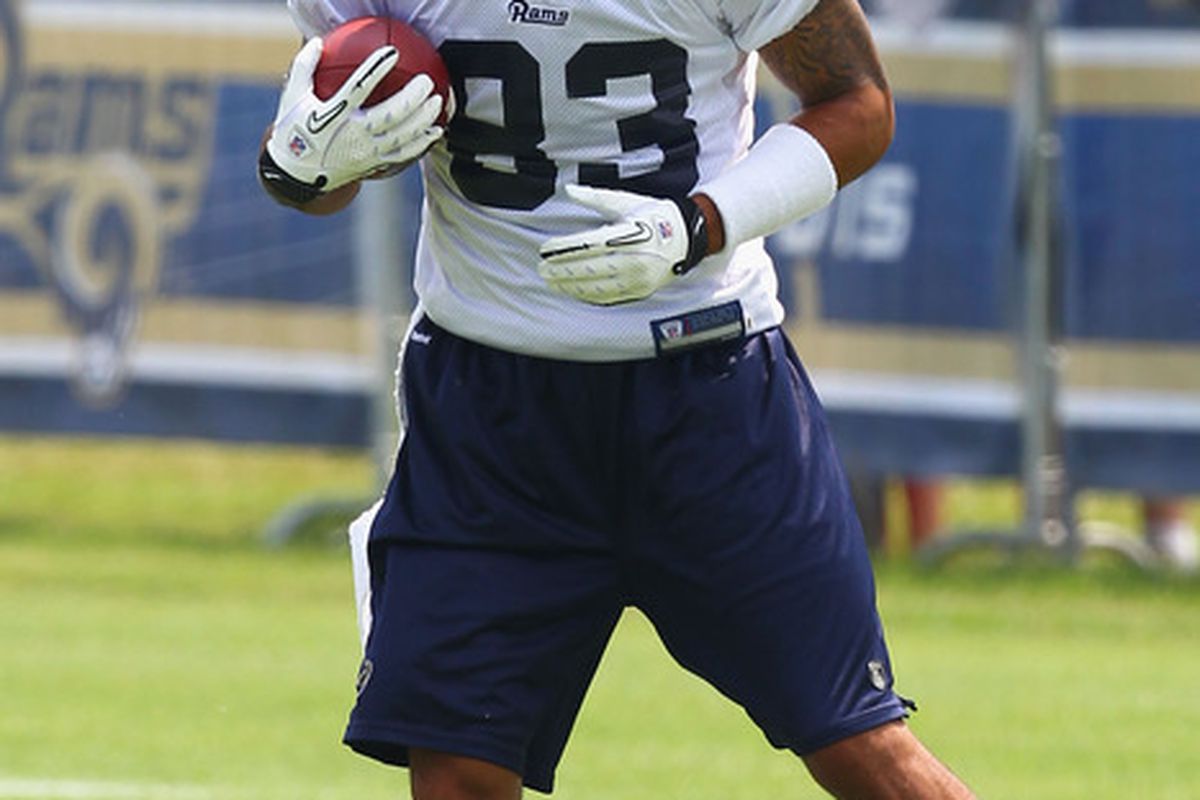 EARTH CITY, MO - JULY 31:  Austin Pettis #83 of the St. Louis Rams practices during training camp at the Russell Training Center on July 31, 2011 in Earth City, Missouri.  (Photo by Dilip Vishwanat/Getty Images)