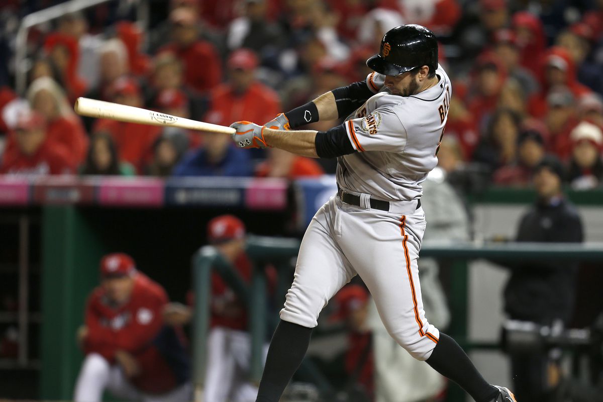 San Francisco Giants’ Brandon Belt (9) hits a solo home run against the Washington Nationals in the 18th inning at Nationals Park for Game 2 of their NLDS series in Washington D.C., on Saturday, Oct. 4, 2014. (Nhat V. Meyer/Bay Area News Group)