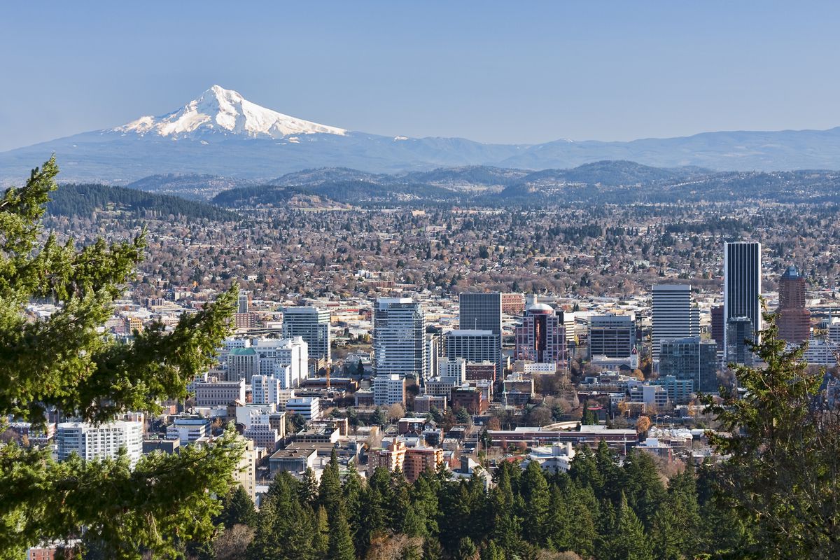 The skyline of Portland with Mt. Hood in the background