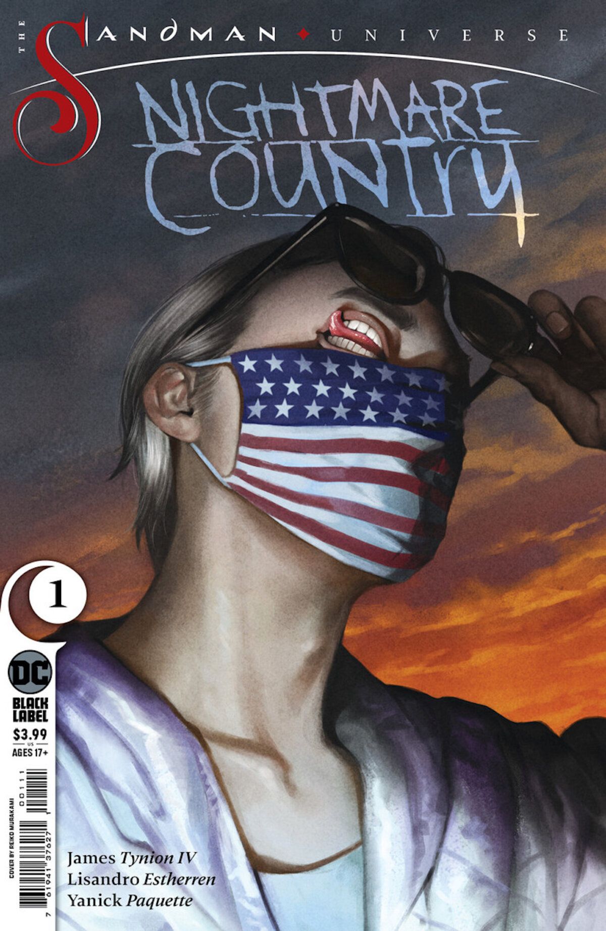 The cover of Nightmare Country #1 (2022) showing The Corinthian wearing an American flag mask, raising his sunglasses to reveal he has a mouth for his eyes.