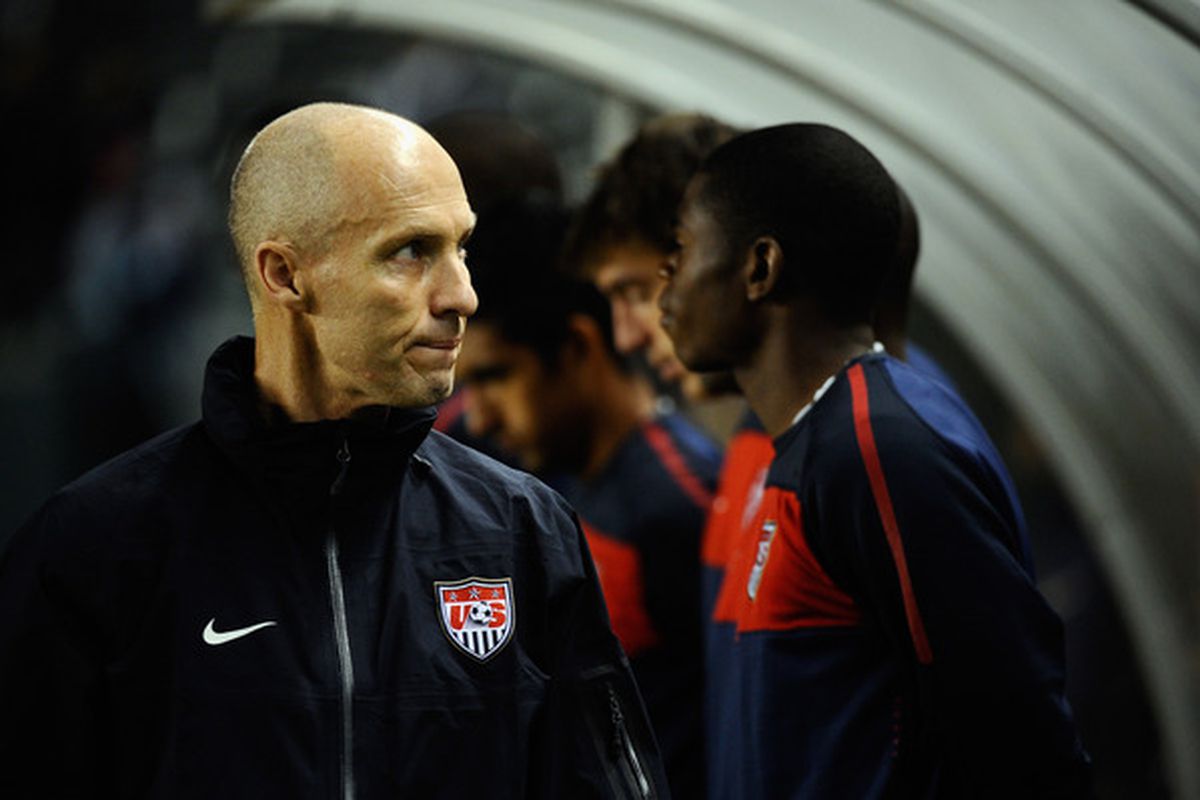 CARSON CA - JANUARY 22:  Bob Bradley coach of the United States follows during the friendly soccer match against Chile at The Home Depot Center on January 22 2011 in Carson California.  (Photo by Kevork Djansezian/Getty Images)