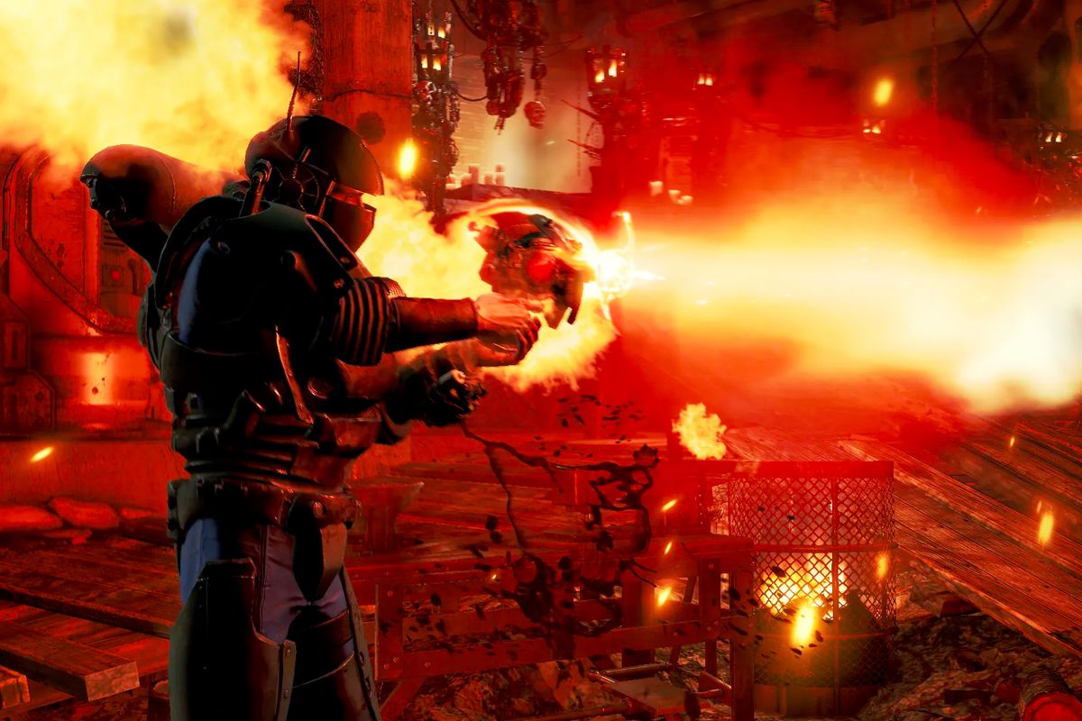 A player character fires a flaming ray gun in a Fallout 4 screenshot