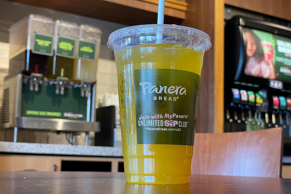 One of Panera’s new “Charged Lemonades” sits in front of a drink dispenser. The new caffeinated beverages have been allegedly linked to a teen’s passing.