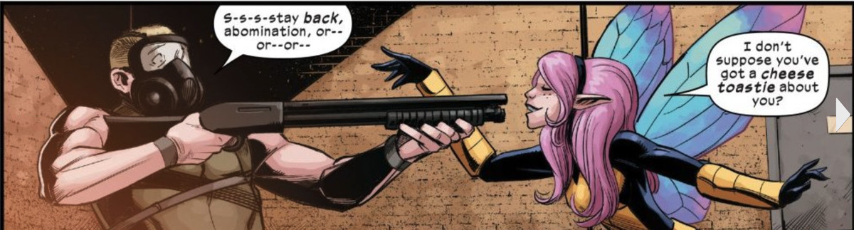 Pixie taunts a man with a shotgun in Way of X #1, Marvel Comics (2021)