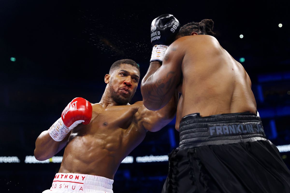 Anthony Joshua punches Jermaine Franklin during the Heavyweight fight between Anthony Joshua and Jermaine Franklin at The O2 Arena on April 01, 2023 in London, England.