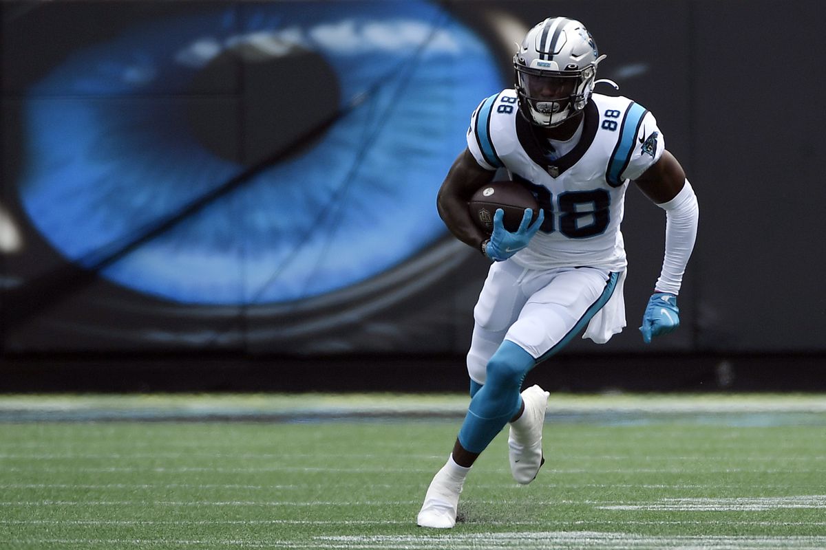 Wide receiver Terrace Marshall Jr. #88 of the Carolina Panthers runs the football during the Panthers’ game against the New Orleans Saints at Bank of America Stadium on September 19, 2021 in Charlotte, North Carolina.
