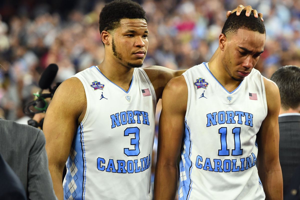 Apr 4, 2016; Houston, TX, USA; North Carolina Tar Heels forward Kennedy Meeks (3) and forward Brice Johnson (11) react after the game against the Villanova Wildcats in the championship game of the 2016 NCAA Men's Final Four at NRG Stadium