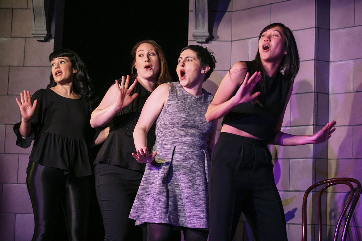 Sayjal Joshi (from left), Katie Klein, Julie Marchiano and Tien Tran in The Second City e.t.c revue, “Fantastic Super Great Nation Numero Uno.” (Photo: Todd Rosenberg Photography)