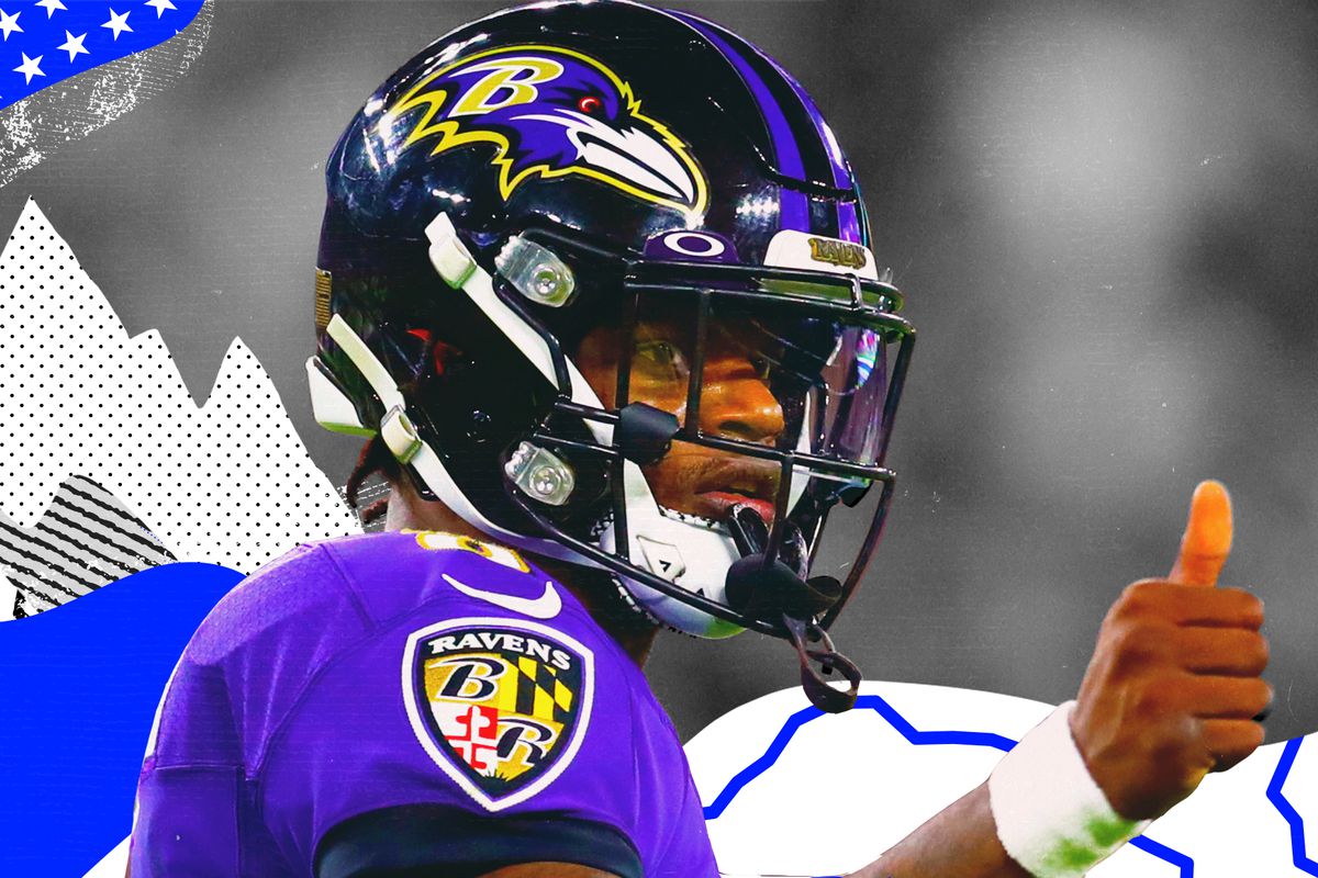 Ravens QB Lamar Jackson gives a thumbs up, superimposed on a blue and white background