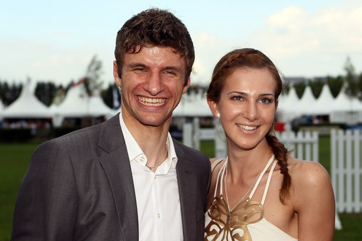 AACHEN GERMANY - JULY 13:  Thomas Mueller and his wife Lisa Mueller pose during the Media Night of the CHIO on July 13 2010 in Aachen Germany.  (Photo by Christof Koepsel/Bongarts/Getty Images)