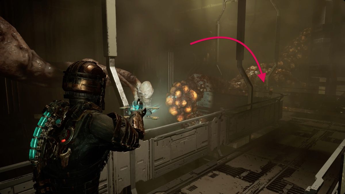 Dead Space Isaac in Hydroponics aiming at a glowing yellow gross sac