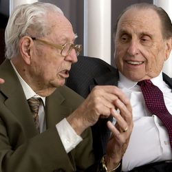 President Thomas S. Monson and Eldred G. Smith talk after President Monson stopped by for a visit to Eldred G. Smith on his 105th birthday at the Smith's home Monday, Jan. 9, 2012.