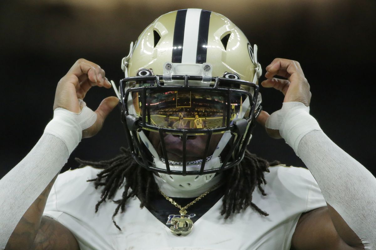 Jan 5, 2020; New Orleans, Louisiana, USA; New Orleans Saints running back Alvin Kamara reacts as he warms up before a NFC Wild Card playoff football game against the Minnesota Vikings at the Mercedes-Benz Superdome.&nbsp;