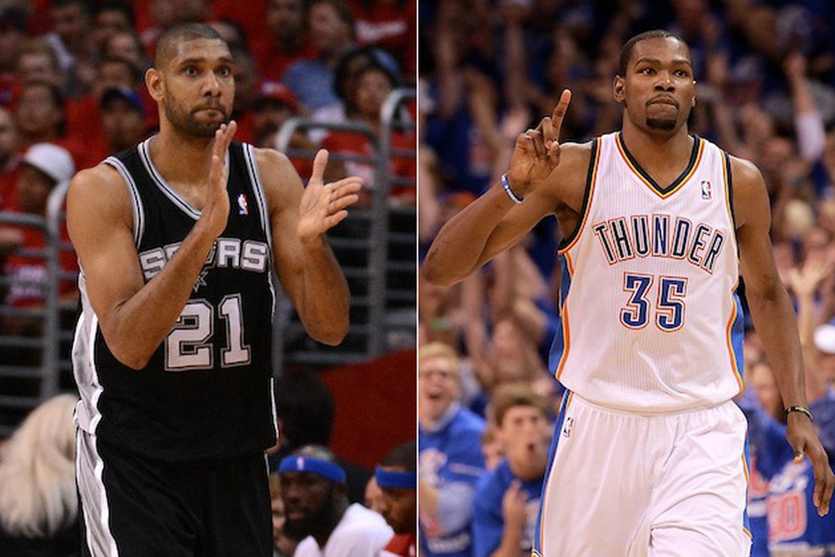 Tim Duncan and Kevin Durant will lock horns this Sunday.