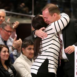 Destiny Garcia hugs Salt Lake County Mayor Ben McAdams after McAdams mentioned her in his State of the County address in the County Council chambers in Salt Lake City on Tuesday, Feb. 13, 2018. Garcia was arrested during Operation Rio Grande in August. She's been sober from heroin and meth since her arrest and is living in a sober living house.